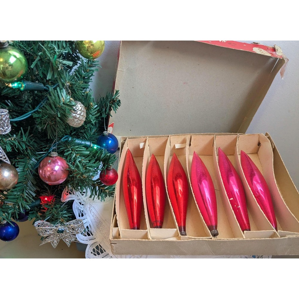 Vintage Mercury Glass Icicle Ornaments Set of 6 Pink Red Christmas Tree